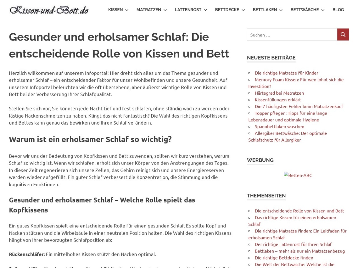 Kissen und Bett, für erholsamen Schlaf